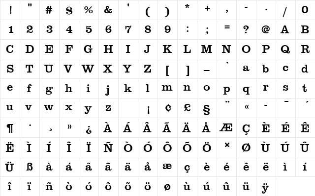 ClarendonTMedRo1 Regular  glyph index