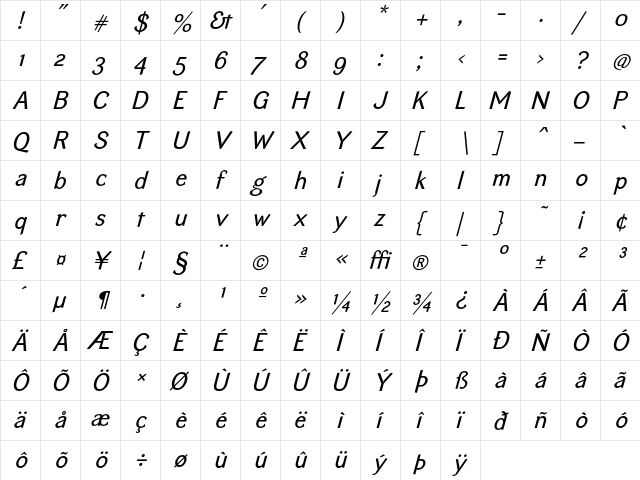 EquipoizeSans RegularItalic  glyph index