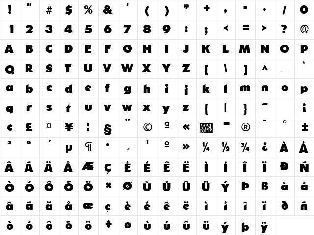 SharnayBlack Regular  glyph index