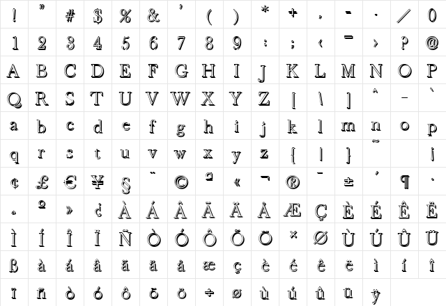 CrossBeckerShadow-Xlight Regular  glyph index