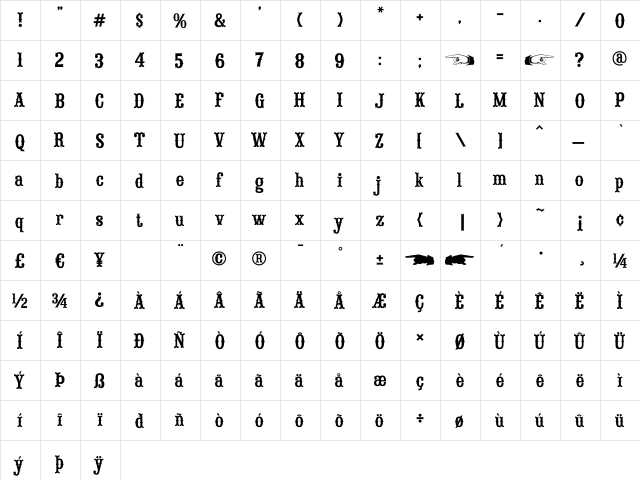 Saloon Girl Regular  glyph index