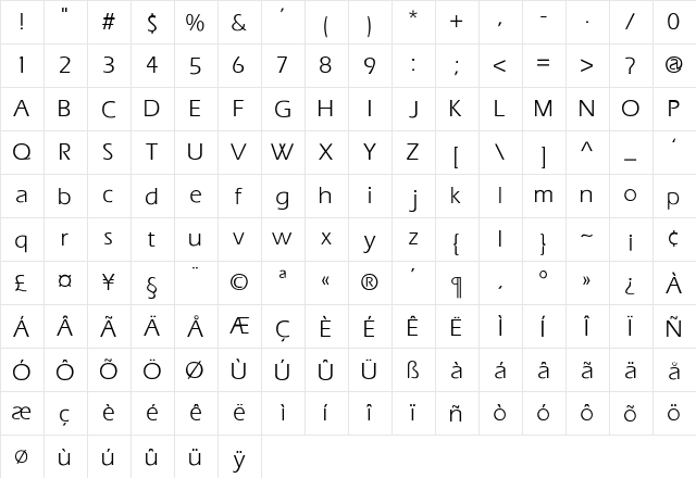 Freeda Light Normal Regular  glyph index