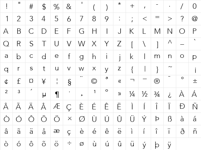 ExpoLightSSK Regular  glyph index