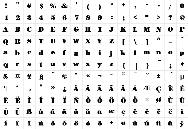 CenturyBookITC Ultra  glyph index