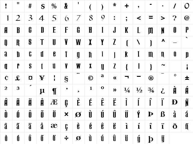 Presenter Regular  glyph index