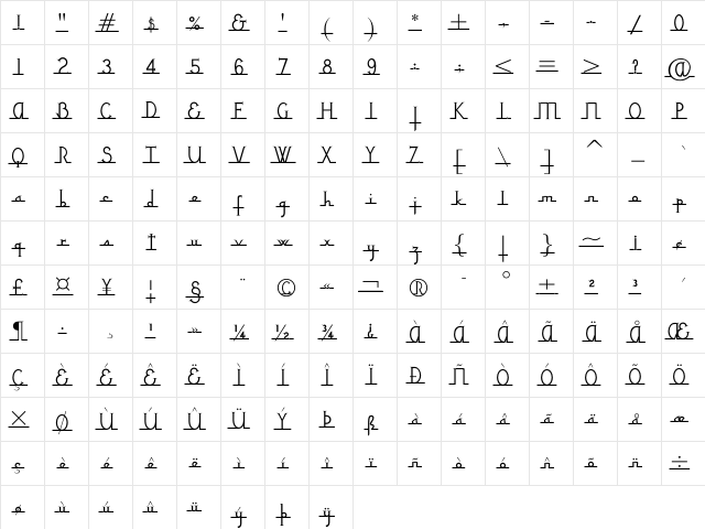 NixonScript Regular  glyph index