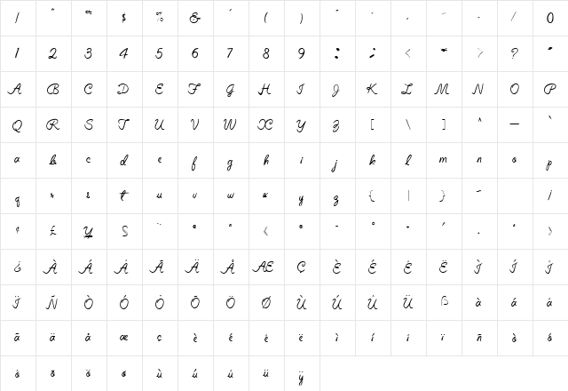 Elizabeth Semi-Script Regular  glyph index