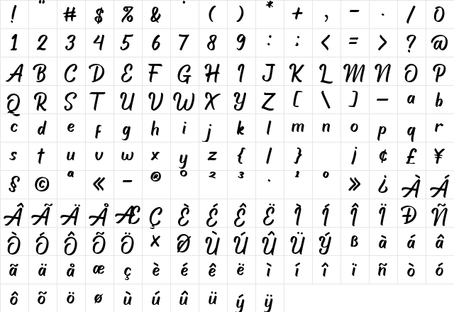 Haigl Rapture Regular  glyph index