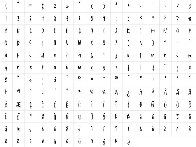 Creamy Latte Regular  glyph index