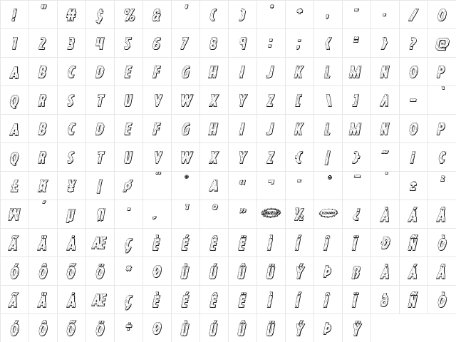 Hanging Tree 3D Italic Italic  glyph index