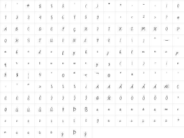 Regina Lover Regular  glyph index