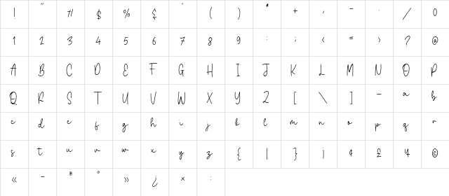 Joselyna Regular  glyph index