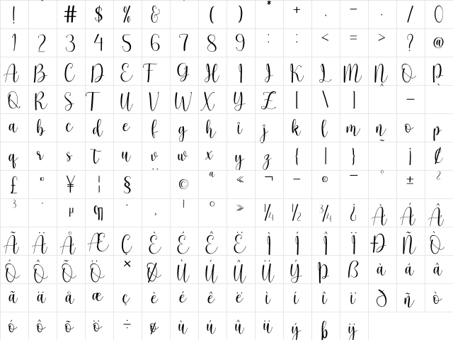 inlove - Personal use Regular  glyph index