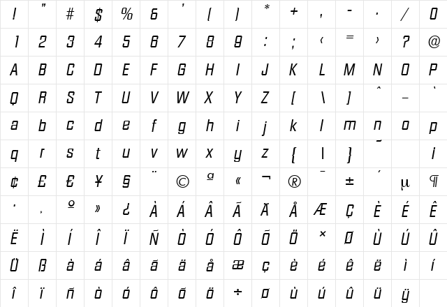 DiamanteSerial Italic  glyph index