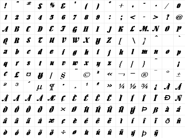 Aloe Extended BoldItalic  glyph index