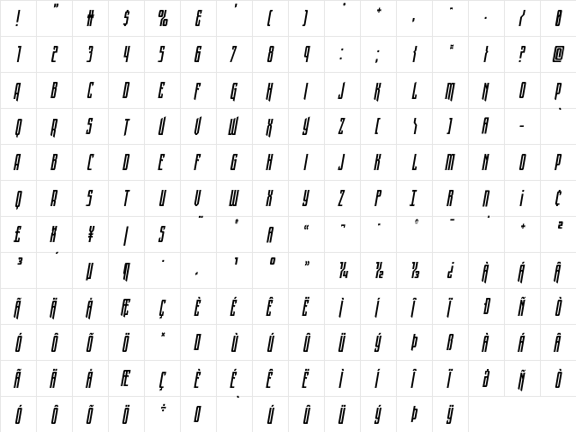 Night Traveler Condensed Ital Regular  glyph index