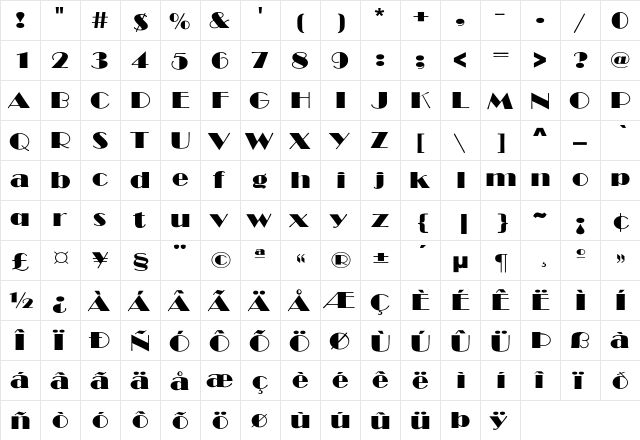 BroadwayExt-Normal Regular  glyph index
