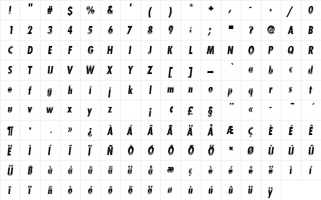 FuturaTBolConOblIn1 Regular  glyph index