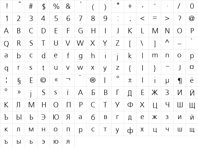 AG Foreigner Light-Plain Medium  glyph index