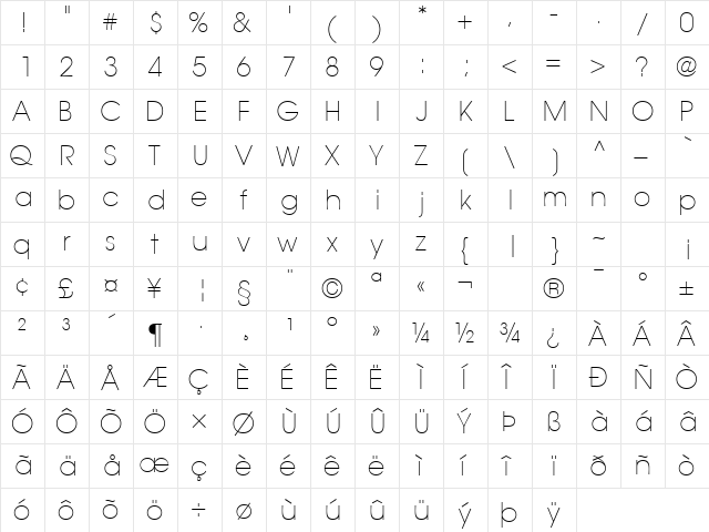 TrendexLightSSK Regular  glyph index