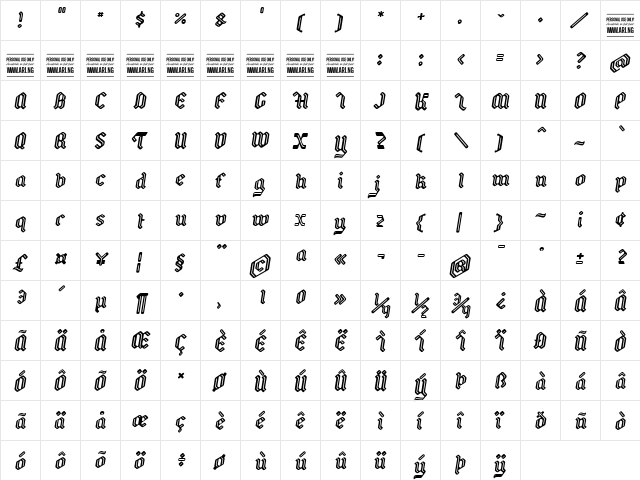 Backyard PERSONAL Italic  glyph index