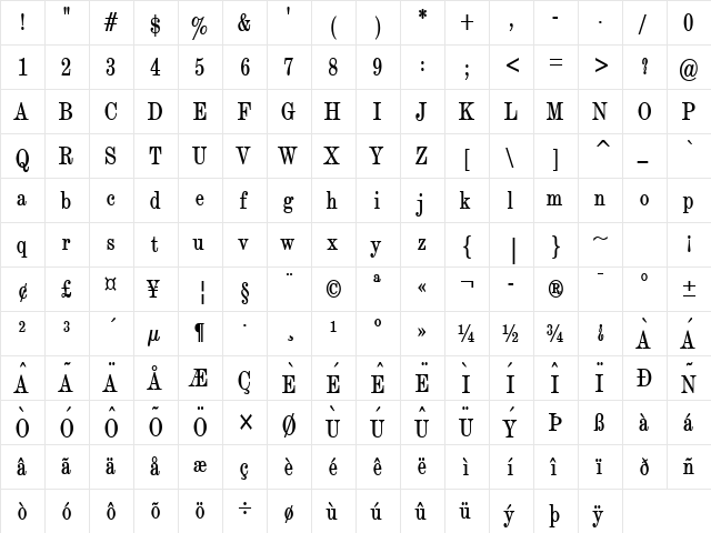 Devine Condensed Bold  glyph index