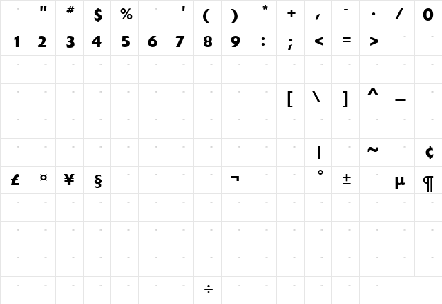 ExtensionBoldTab Roman  glyph index