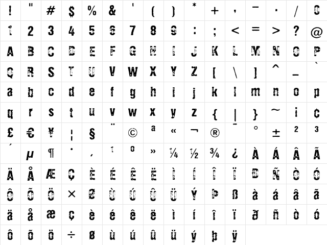 Eroxion BT Regular  glyph index