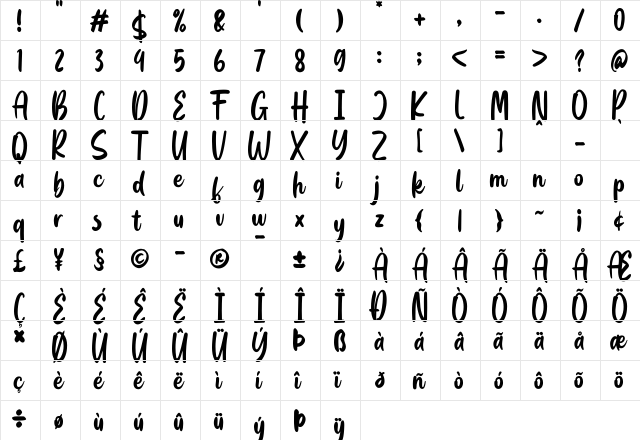 Blackbill Demo Regular  glyph index