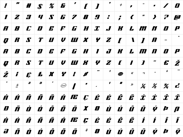 21 Gun Salute Condensed Italic Condensed Italic  glyph index