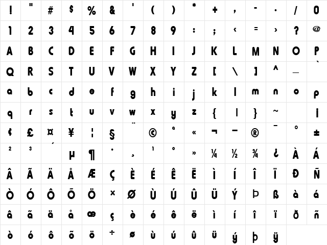 Lauren-Condensed Bold  glyph index