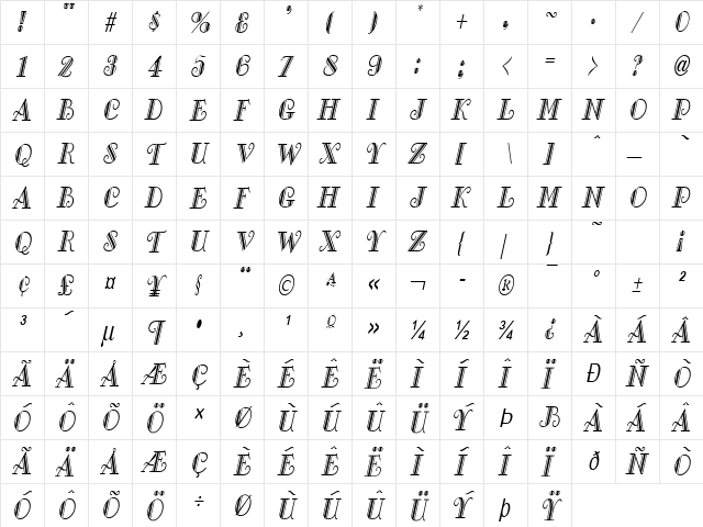 Gallery-Condensed Italic  glyph index