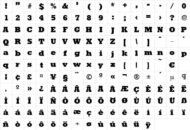 Stafford-ExtraBold Regular  glyph index