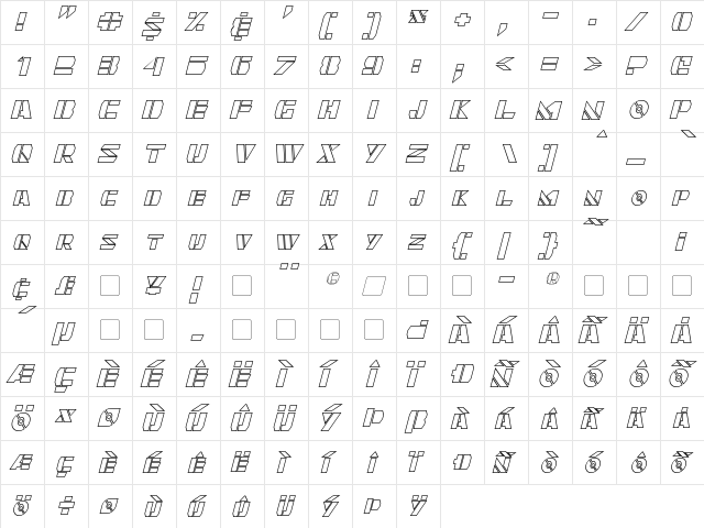 Quintanar Hollow Italic  glyph index