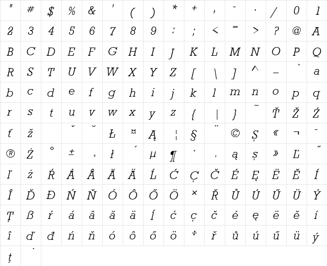 RoctusTEELig Italic  glyph index