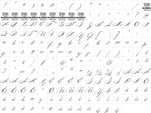 Medish Script PERSONAL USE ONLY Regular  glyph index