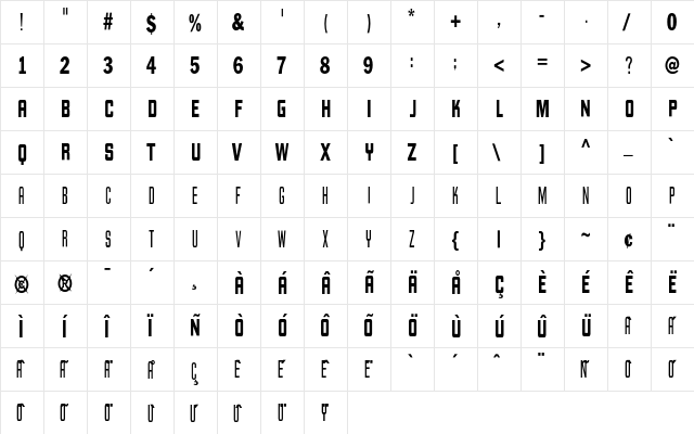 Kraftwerk Narrow  glyph index