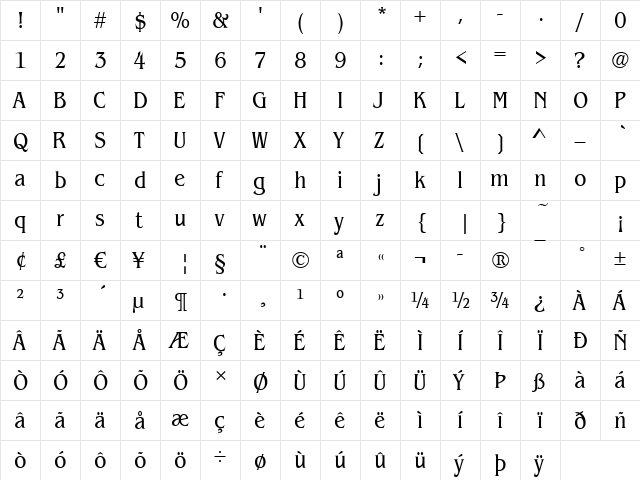 Benjamin-Cd Regular  glyph index