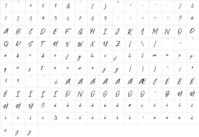 Free Pen Regular  glyph index