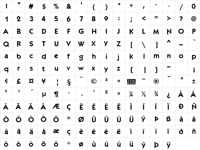 Kabob Bold  glyph index