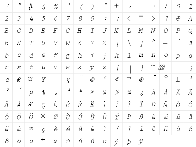 Keyboard Elite SSi Italic  glyph index