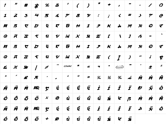Yama Moto Italic Italic  glyph index