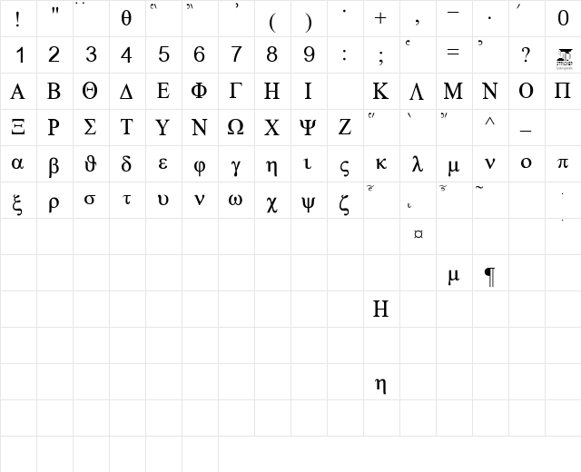 Griechisch (HEBGRI) Regular  glyph index