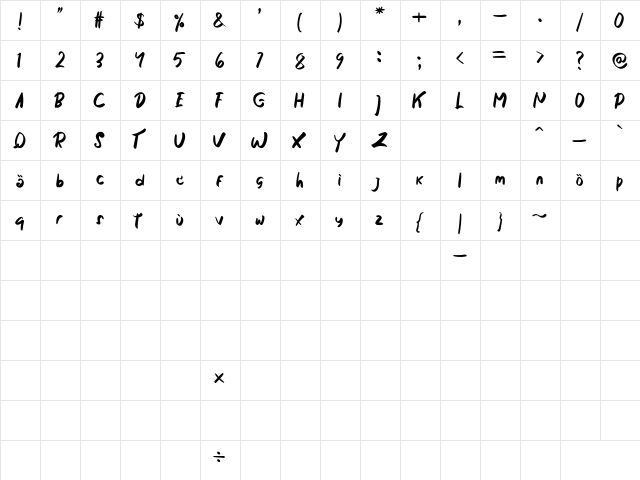 Fantasy land Regular  glyph index