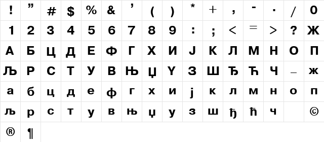 Helvetica-Cirilica Bold  glyph index