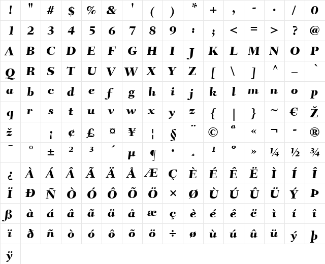 Fairfield LT CaptionHeavy Regular  glyph index