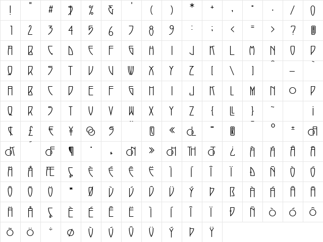 P22 Arts and Crafts Tall Regular  glyph index
