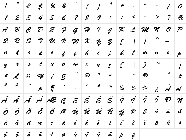GE Brush Strokes Regular  glyph index