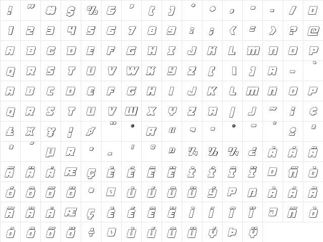 Victory Comics Outline Semi-Italic Outline Semi-Italic  glyph index