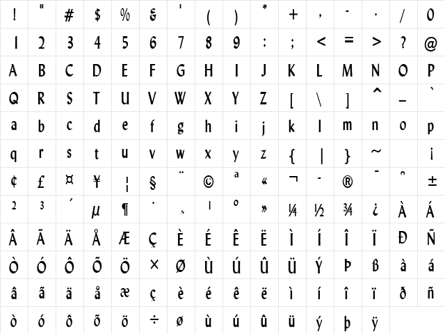 Lynda-Condensed Bold  glyph index